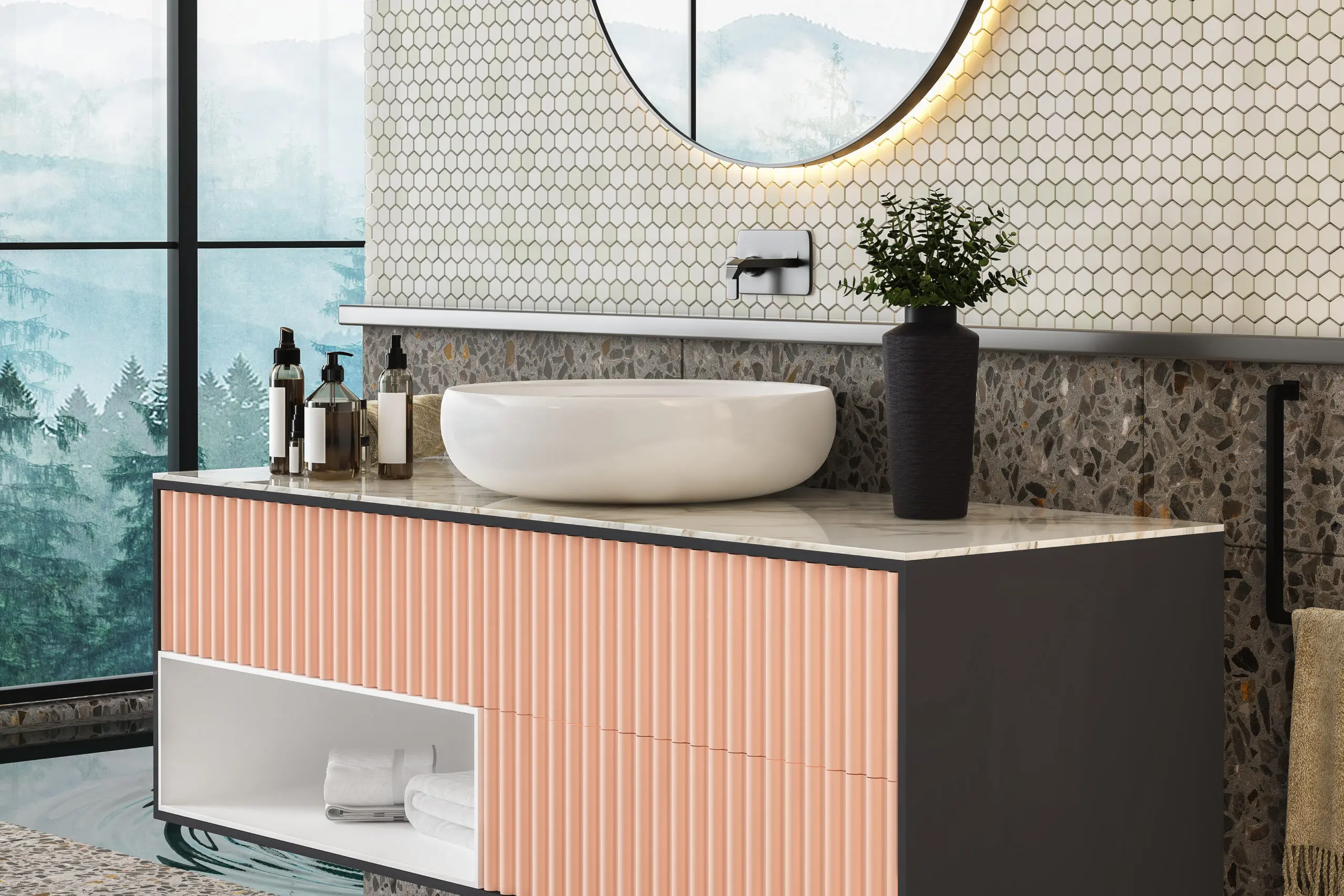 chic-bathroom-setup-with-soap-dispensers-plant-blackframed-mirror