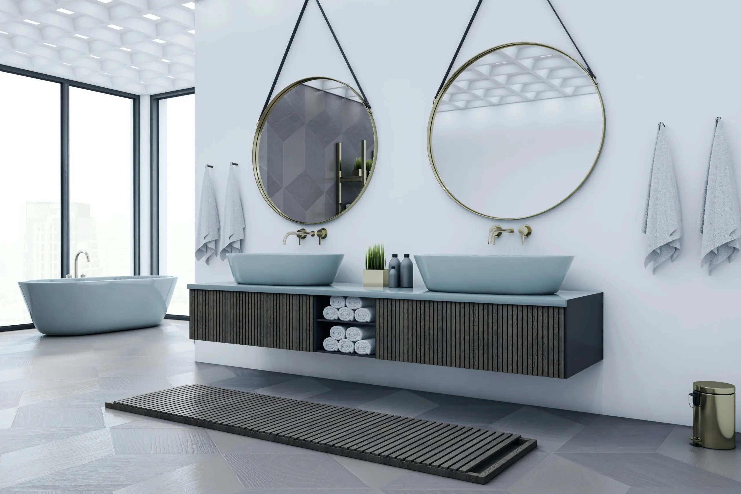 Modern luxury bathroom interior with elegant blue bathtub, dual sinks, round mirrors, and cozy design in bright daylight setting. 3D Rendering